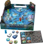 Jeu de plateau interactif avec pions, dés et cartes de jeu