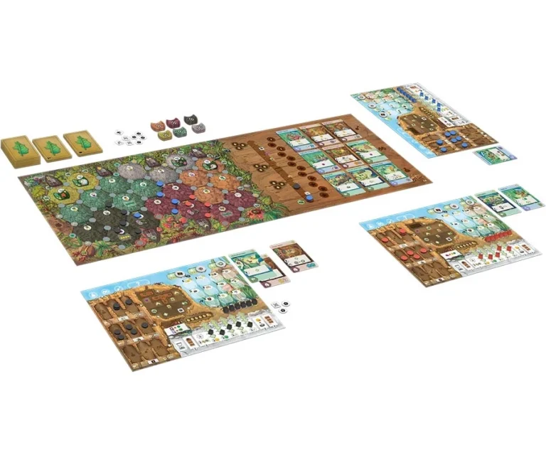 Jeu de société agricole avec plateau, cartes et pions colorés