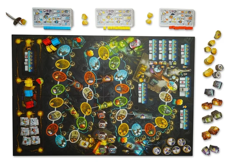 Jeu de société avec plateau, dés, pions colorés et cartes