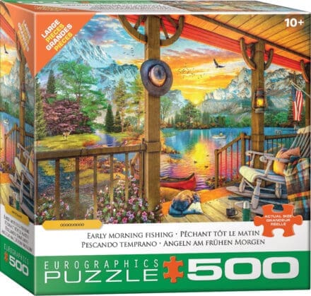 Puzzle 500 pièces cabane pêche matin montagnes lac
