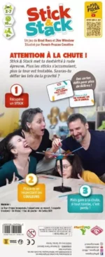 Boîte jeu Stick Stack avec famille jouant empilant bâtons colorés