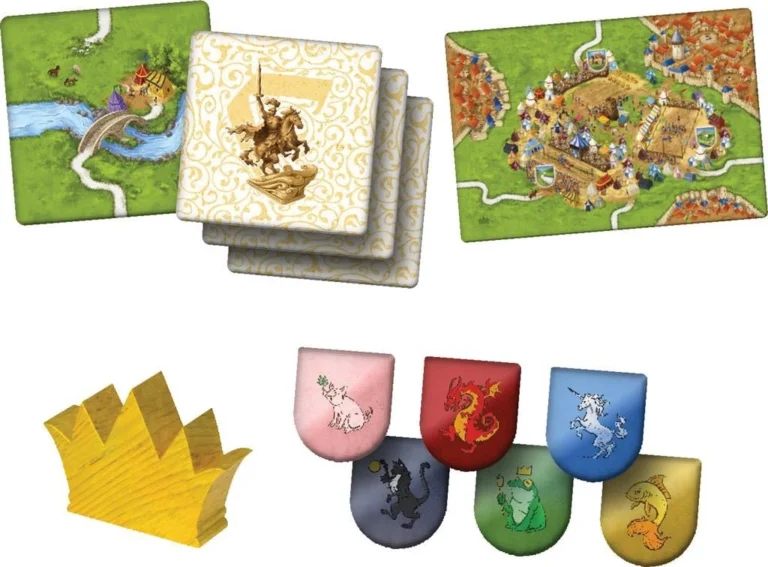 Tuiles jeu plateau médiéval avec blasons maisons colorées