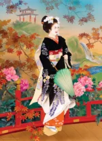 Femme en kimono traditionnel japonais automne pagode