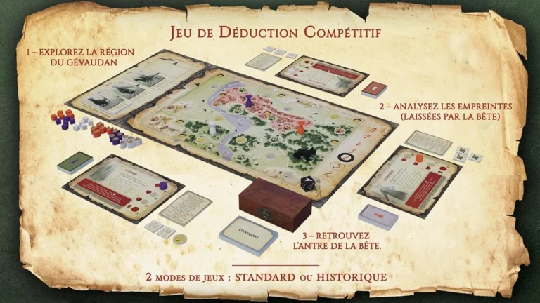 Jeu de déduction compétitif Gévaudan avec plateau, cartes et pions