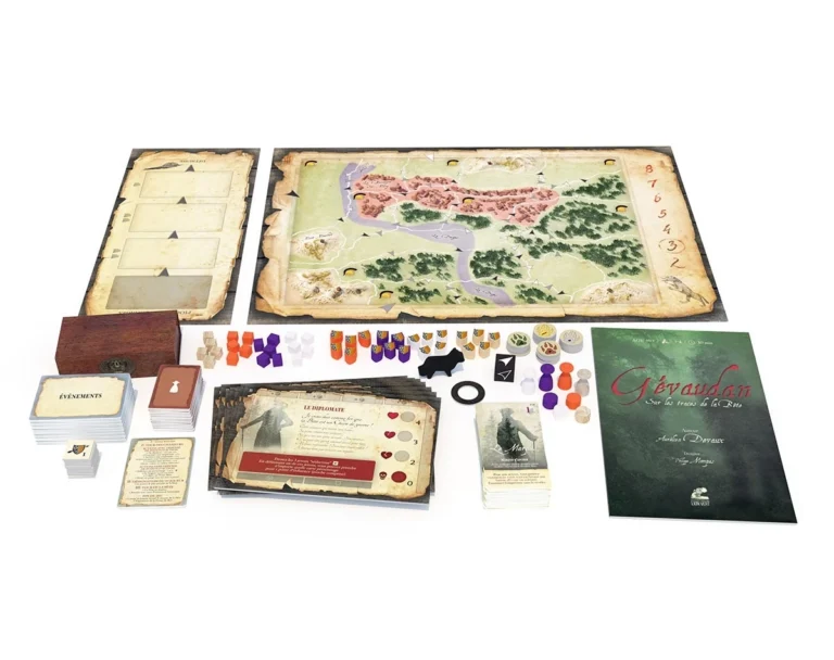Contenu complet jeu de société Gévaudan avec plateau cartes pions