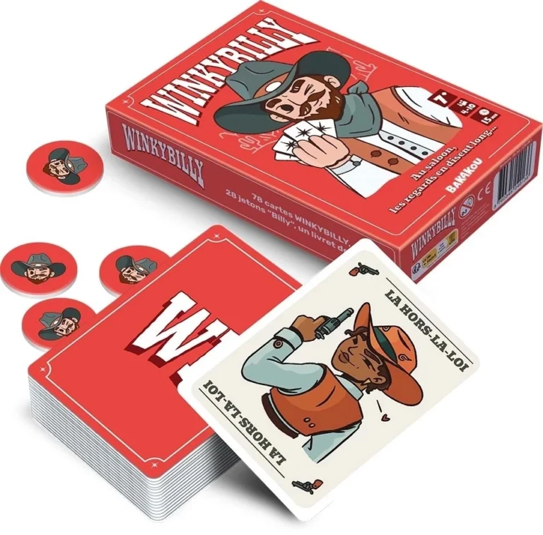 Jeu de cartes Winkybilly avec boîte rouge et pions