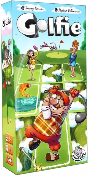 Boîte jeu de société Golfie avec golfeur cartoon coloré