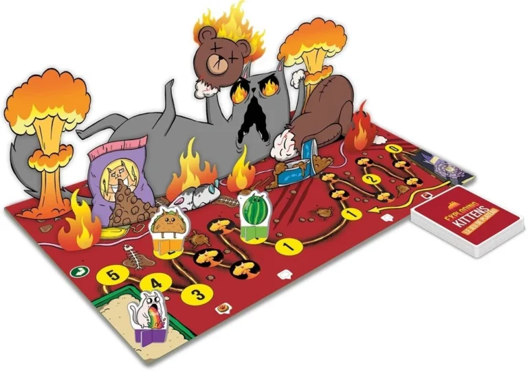 Plateau Exploding Kittens avec explosions et chats cartoon