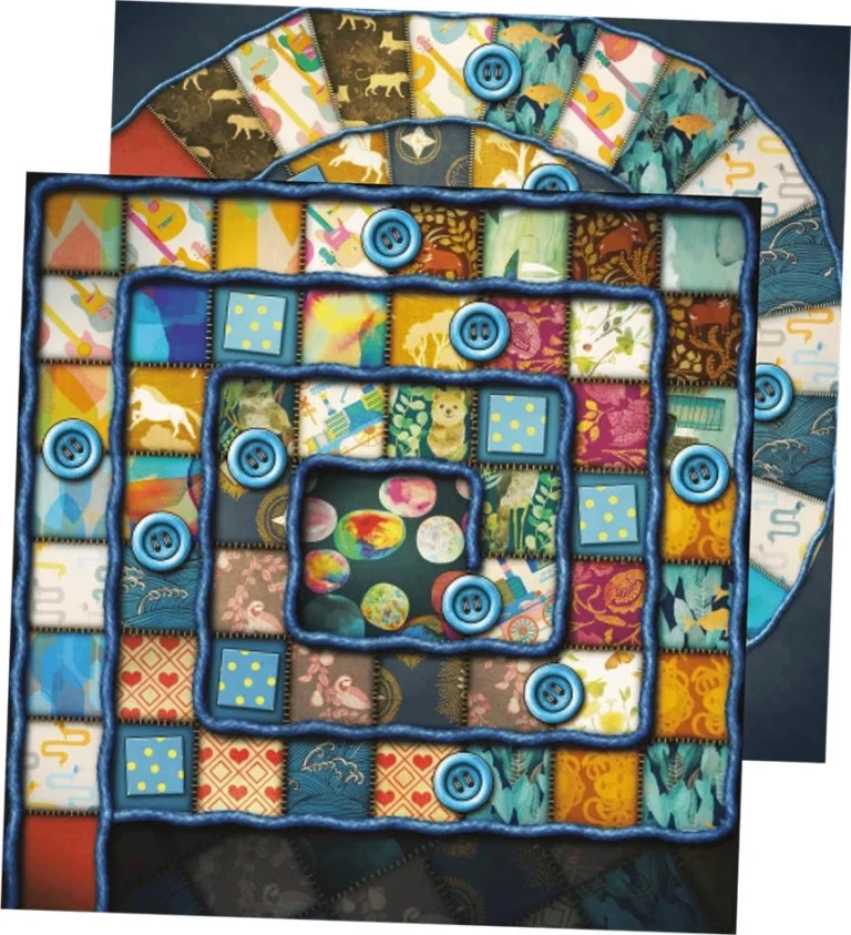 Patchwork coloré en spirale avec boutons bleus