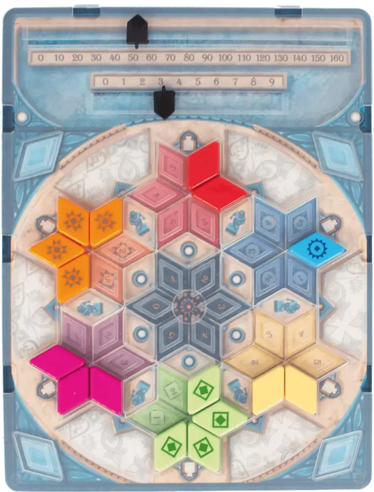 Plateau jeu hexagons colorés avec tuiles numérotées