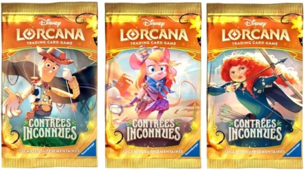 Trois boosters Disney Lorcana Contrées Inconnues jeu cartes