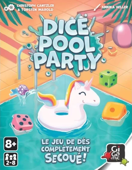 Boîte jeu Dice Pool Party avec licorne gonflable piscine