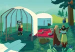 Illustration camping famille forêt tente nature activités