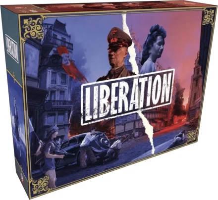 Boîte de jeu de société Liberation avec illustration rétro