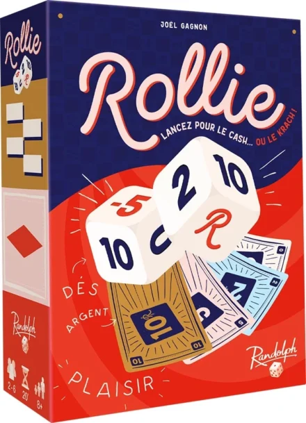 Boîte de jeu Rollie avec dés et billets colorés