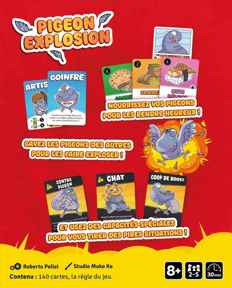 Affiche jeu de cartes Pigeon Explosion avec mécaniques de jeu