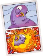 Deux créatures cartoon violettes et oranges expressives