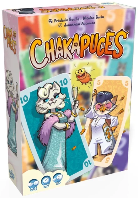 Boîte du jeu de société Chak Puces avec personnages chats