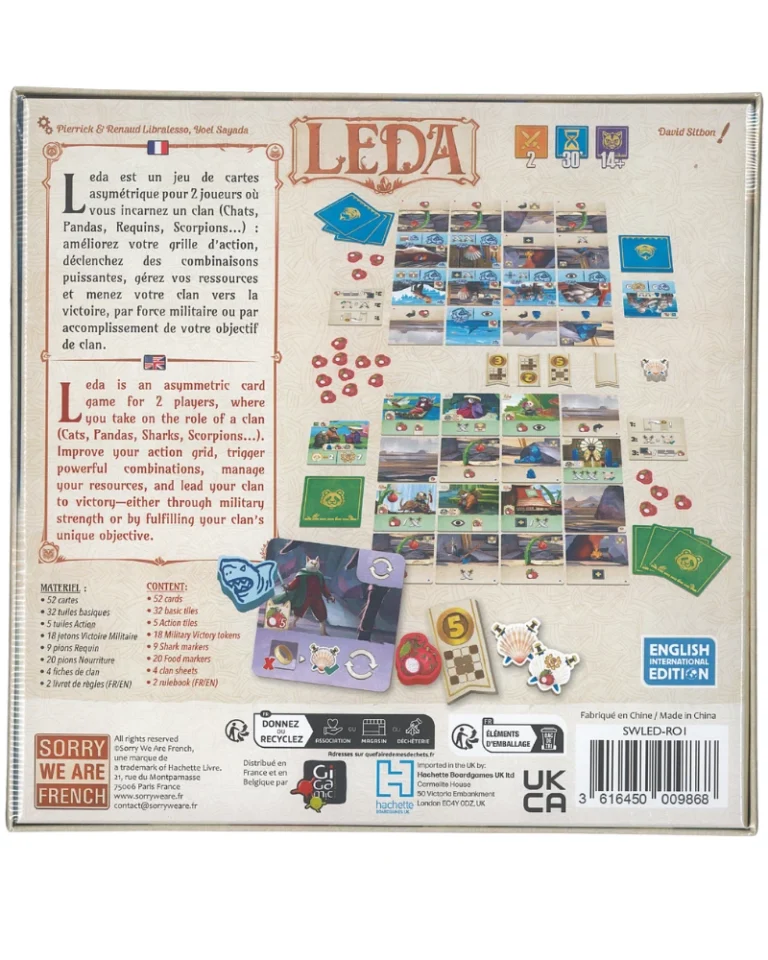 Boîte de jeu de cartes Leda avec tous les composants visibles