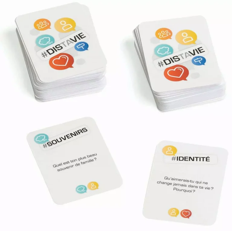 Cartes de jeu #DistaVie avec icônes colorées et questions
