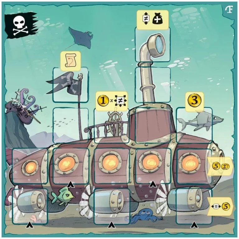 Sous-marin pirate avec créatures marines dans un jeu de plateau