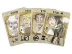 Quatre cartes à jouer avec portraits et valeurs monétaires