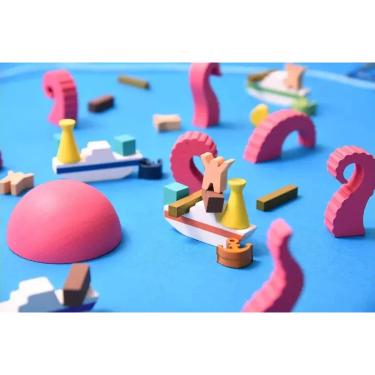 Illustration 3D colorée avec bateau, formes roses et pions jaunes