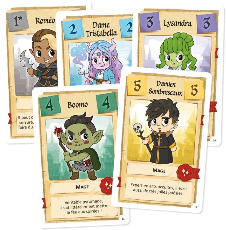 Cartes de jeu fantasy avec personnages numérotés et descriptions