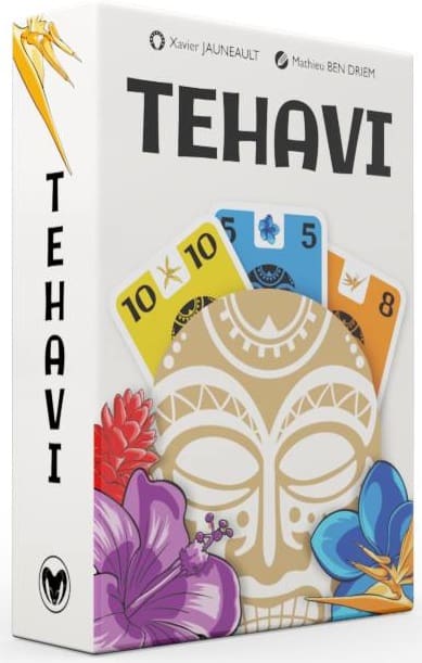 Boîte du jeu Tehavi avec masque tribal et cartes colorées