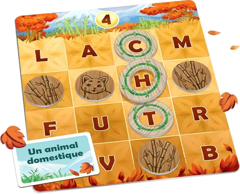 Grille de jeu automne avec lettres et images d'animaux