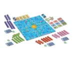 Jeu de plateau coloré avec pions, cartes et plateau de jeu bleu