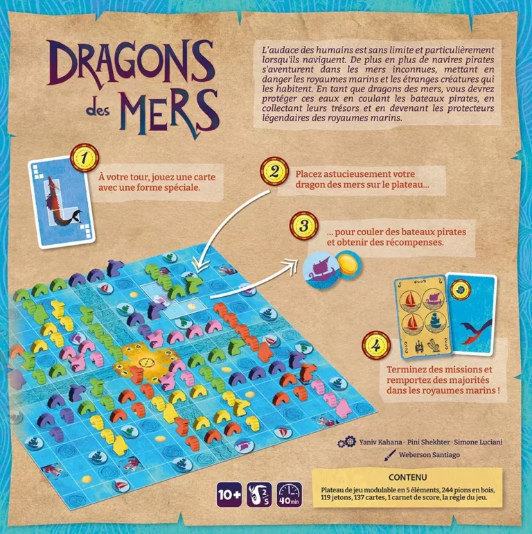 Boîte de jeu Dragons des Mers avec plateau coloré et pions