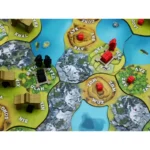 Plateau de jeu de stratégie avec hexagones, ressources et bâtiments