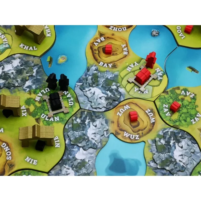 Plateau de jeu de stratégie avec hexagones, ressources et bâtiments