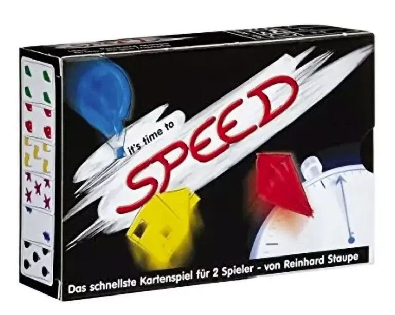 Boîte du jeu de cartes Speed avec fusée et ballons colorés