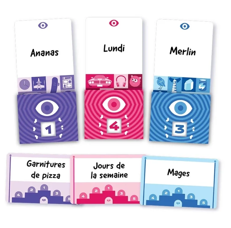 Jeu de cartes colorées avec yeux et numéros thématiques