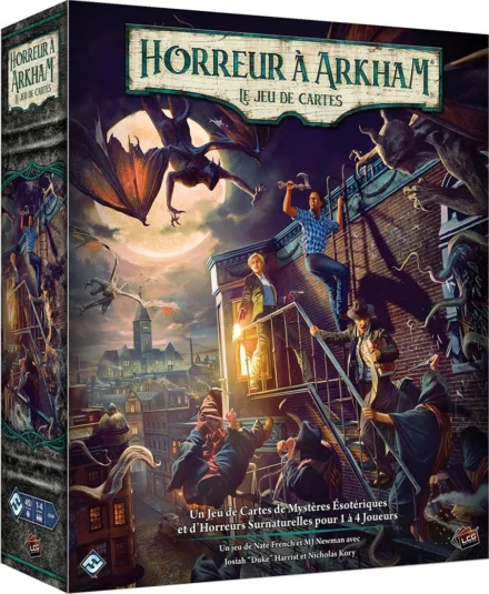 Boîte jeu de cartes Horreur à Arkham illustrée avec créatures surnaturelles