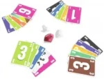 Jeu de cartes colorées numérotées avec dés et jetons